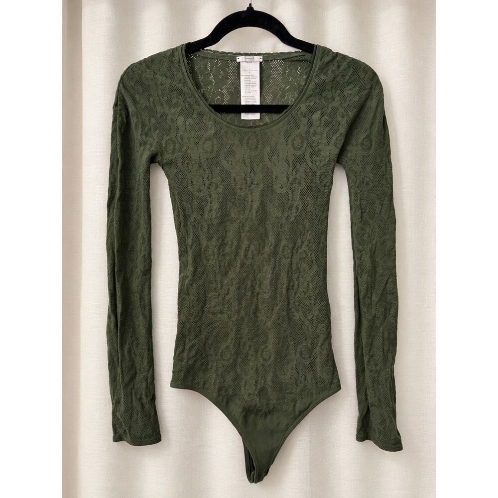 Wolford Olive Green Sheer Lace Mesh Long Sleeve Bodysuit S